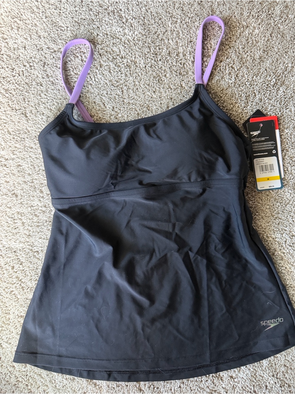 Speedo Black Swim Tank with Lilac Crisscross Straps